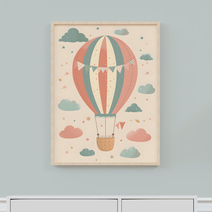 Colorful Hot Air Balloon Nursery Poster – Cute Kids Room Wall Art with Clouds and Stars - iCustomLabel