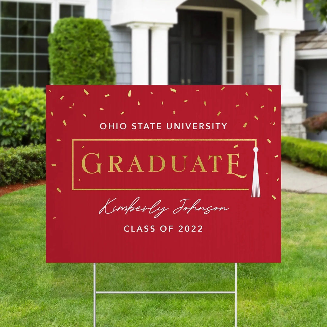 Red Ohio State University yard sign with gold confetti and tassel, personalized for Kimberly Johnson, class of 2022