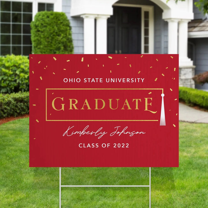 Red Ohio State University yard sign with gold confetti and tassel, personalized for Kimberly Johnson, class of 2022