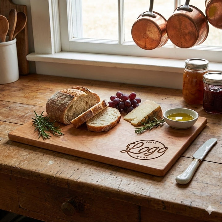 Rustic wooden cutting board with bread, cheese, grapes, rosemary, and olive oil near window with hanging copper pots