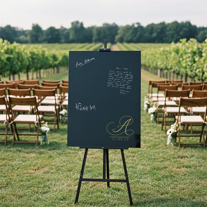 Black monogram guest book sign with gold letter A and date on easel at outdoor wedding vineyard