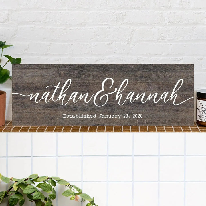 Custom wood sign with couple's names and established date, farmhouse decor on shelf
