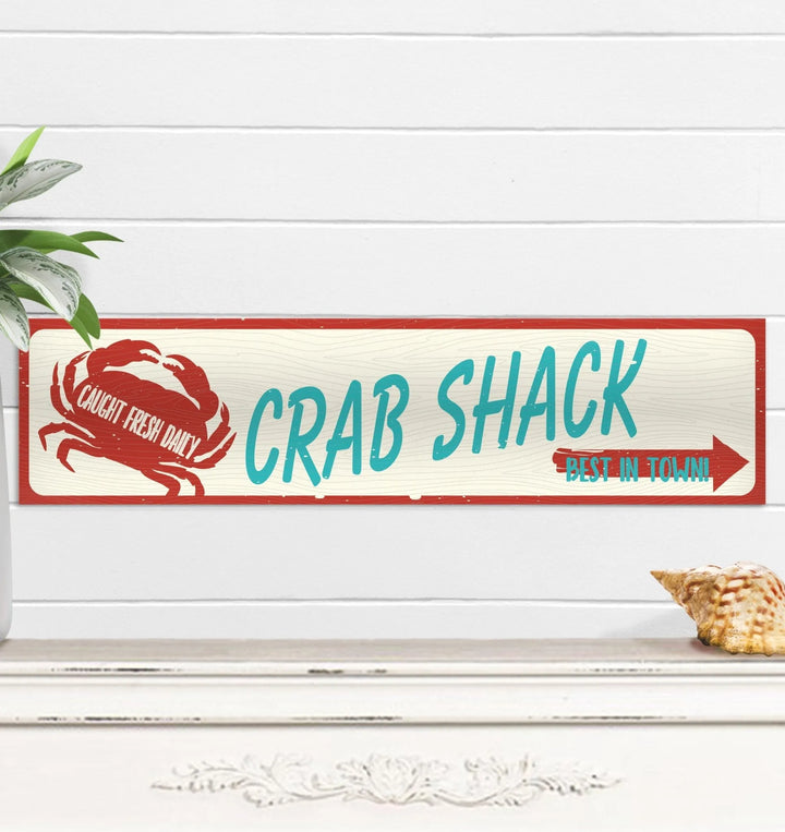 Crab Shack metal beach house sign with red crab and text Caught Fresh Daily and Best in Town