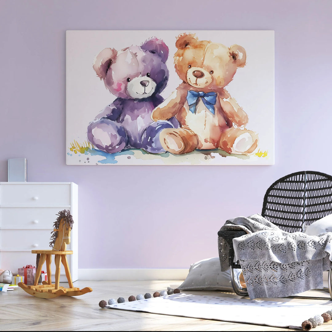 Nursery room with watercolor poster of two cuddly teddy bears, wooden rocking horse, and cozy chair