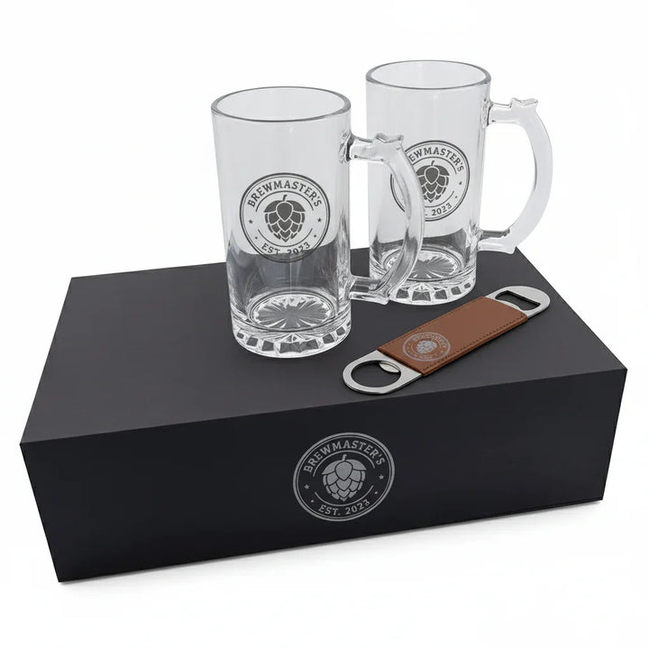 Custom Beer Mug Gift Box Set – Personalized Glass Mugs with Engraved Bottle Opener
