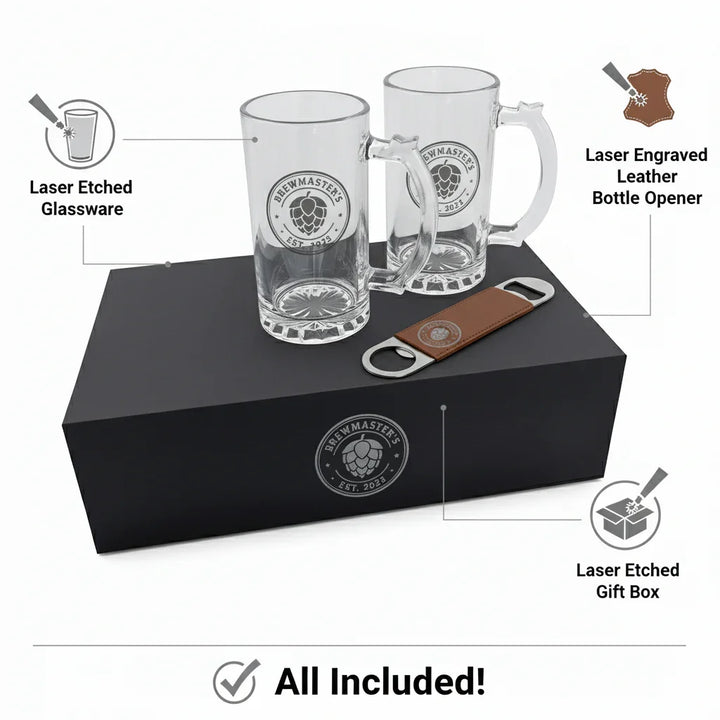 Custom Beer Mug Gift Box Set – Personalized Glass Mugs with Engraved Bottle Opener
