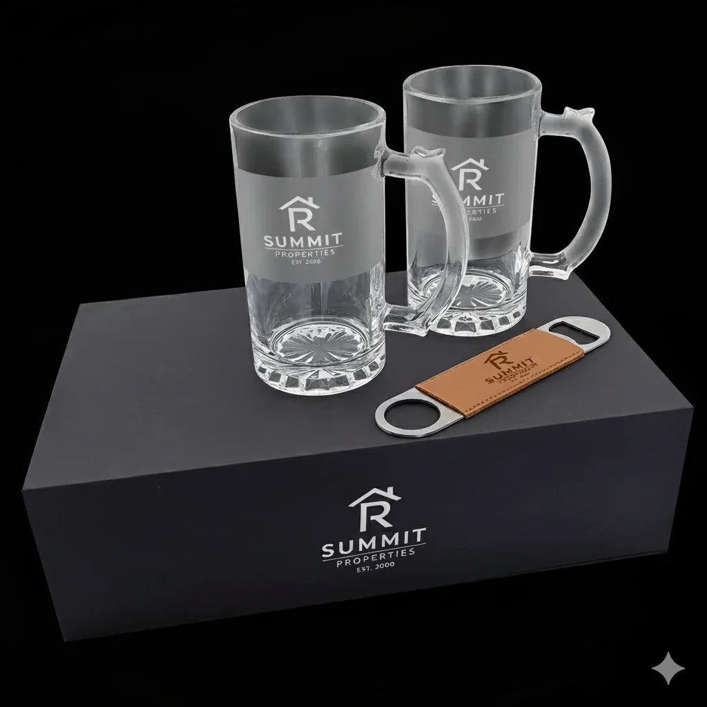 Custom Beer Mug Gift Box Set – Personalized Glass Mugs with Engraved Bottle Opener