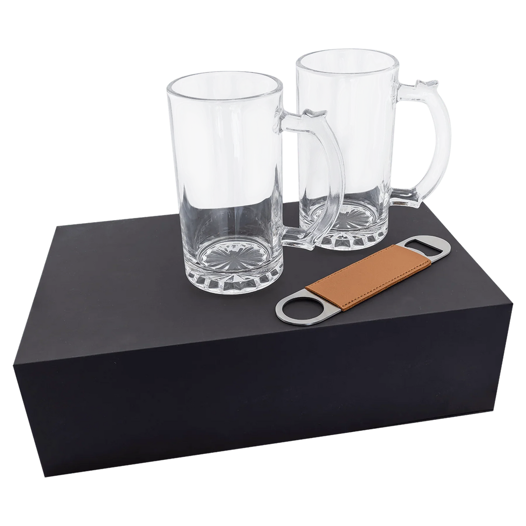 Custom Beer Mug Gift Box Set – Personalized Glass Mugs with Engraved Bottle Opener