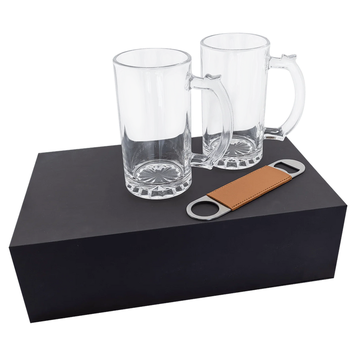 Custom Beer Mug Gift Box Set – Personalized Glass Mugs with Engraved Bottle Opener