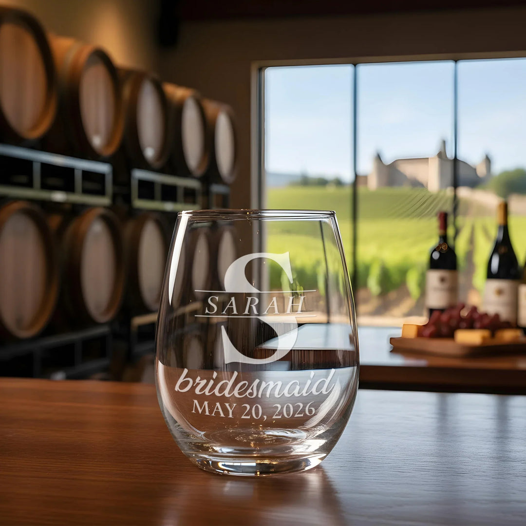 Custom Engraved Bridesmaid Wine Glass - Personalized Stemless Glassware - iCustomLabel