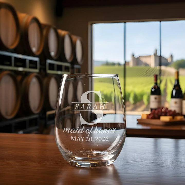 Custom Engraved Bridesmaid Wine Glass - Personalized Stemless Glassware - iCustomLabel