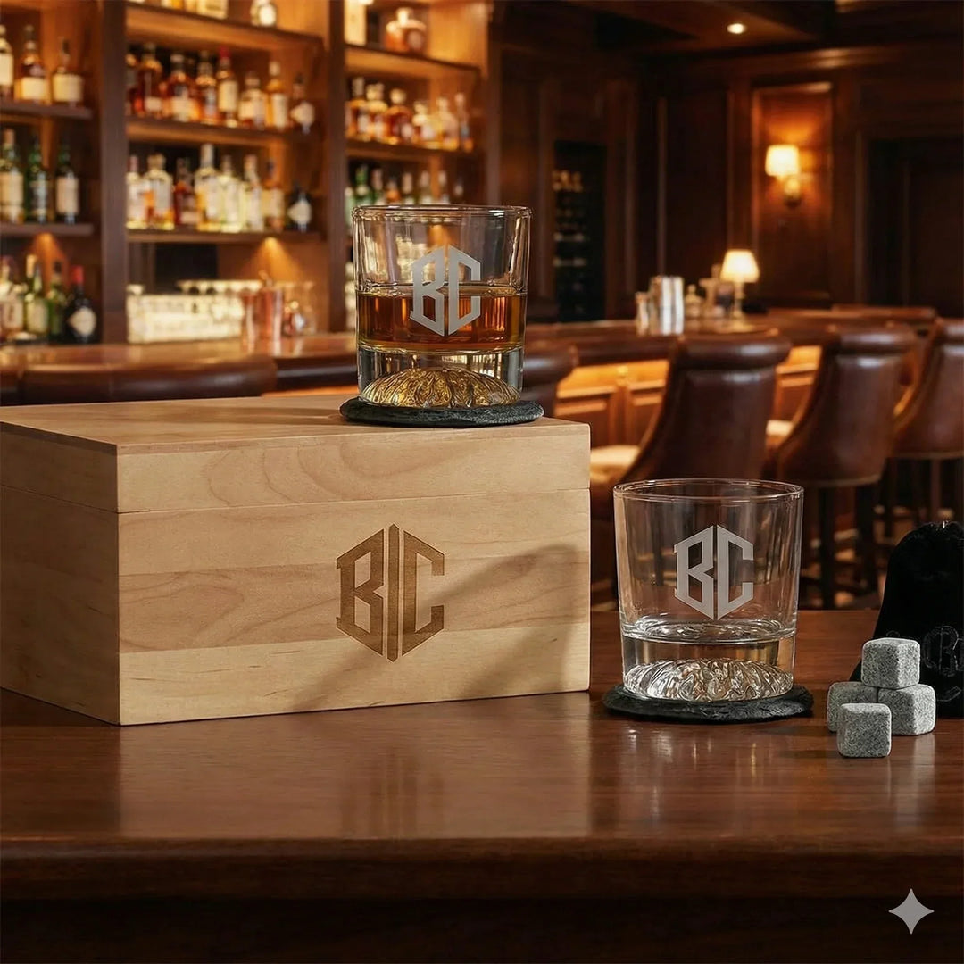 Personalized Whiskey Gift Box Set with Glasses, Stones & Coasters - iCustomLabel