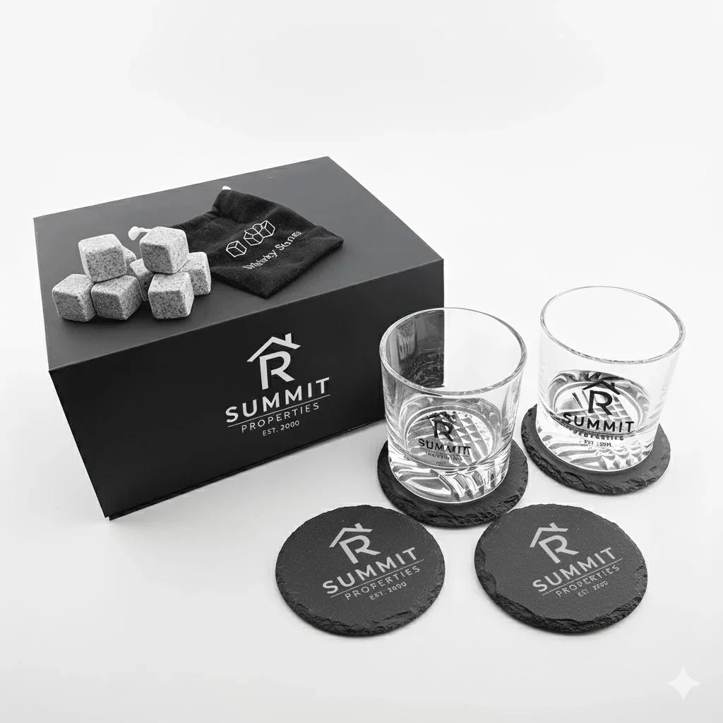custom-whiskey-glass-gift-box-set-personalized-logo-engraved-rocks-glasses-with-slate-coasters-and-whiskey-stones-icustomlabel-2 - iCustomLabel
