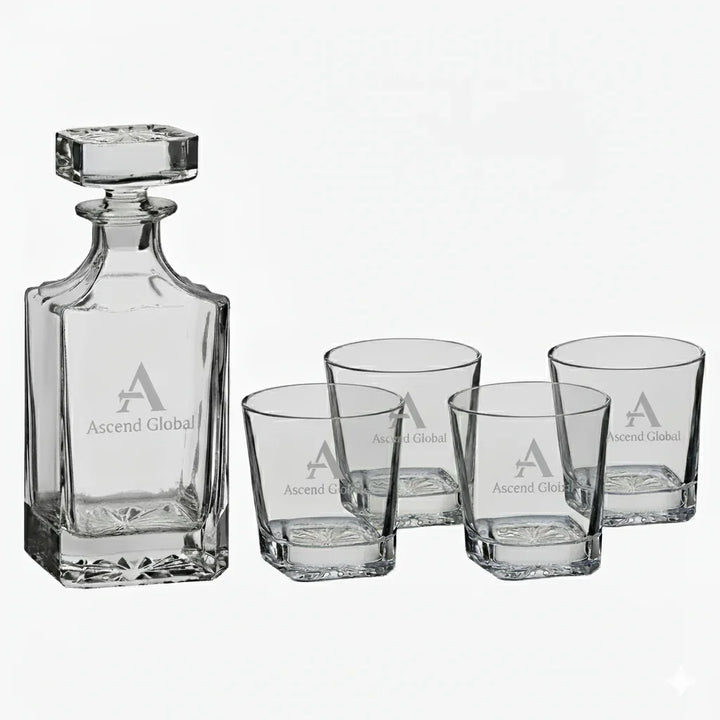 Custom Laser Engraved Whiskey Decanter Set with 4 Glasses