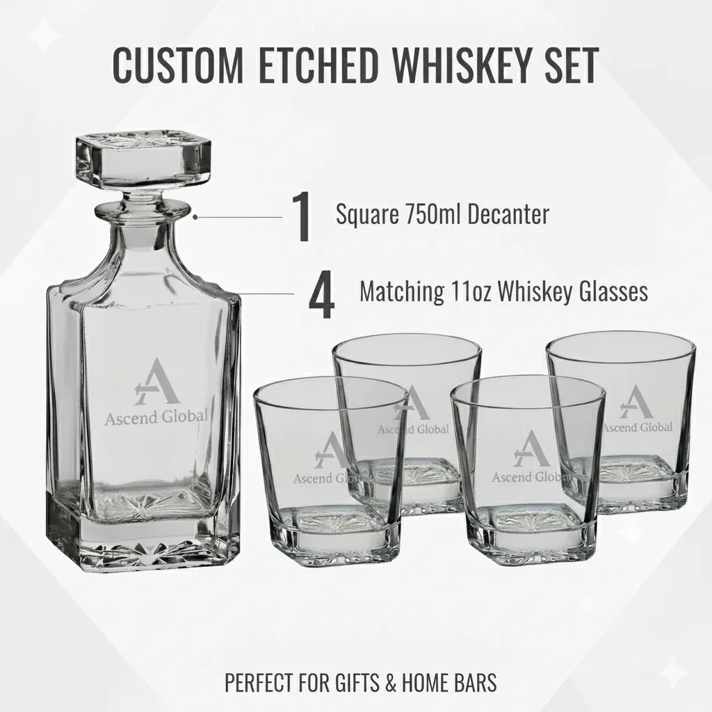 Custom Laser Engraved Whiskey Decanter Set with 4 Glasses