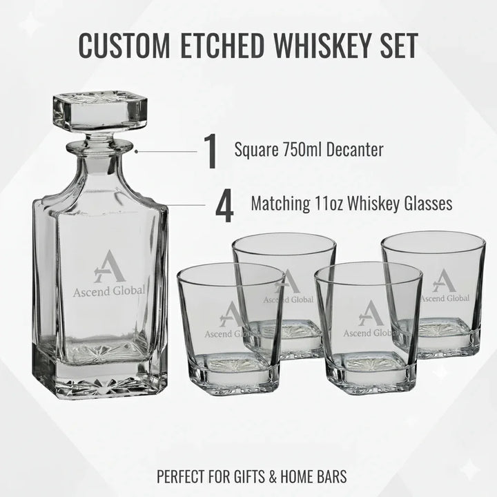 Custom Laser Engraved Whiskey Decanter Set with 4 Glasses