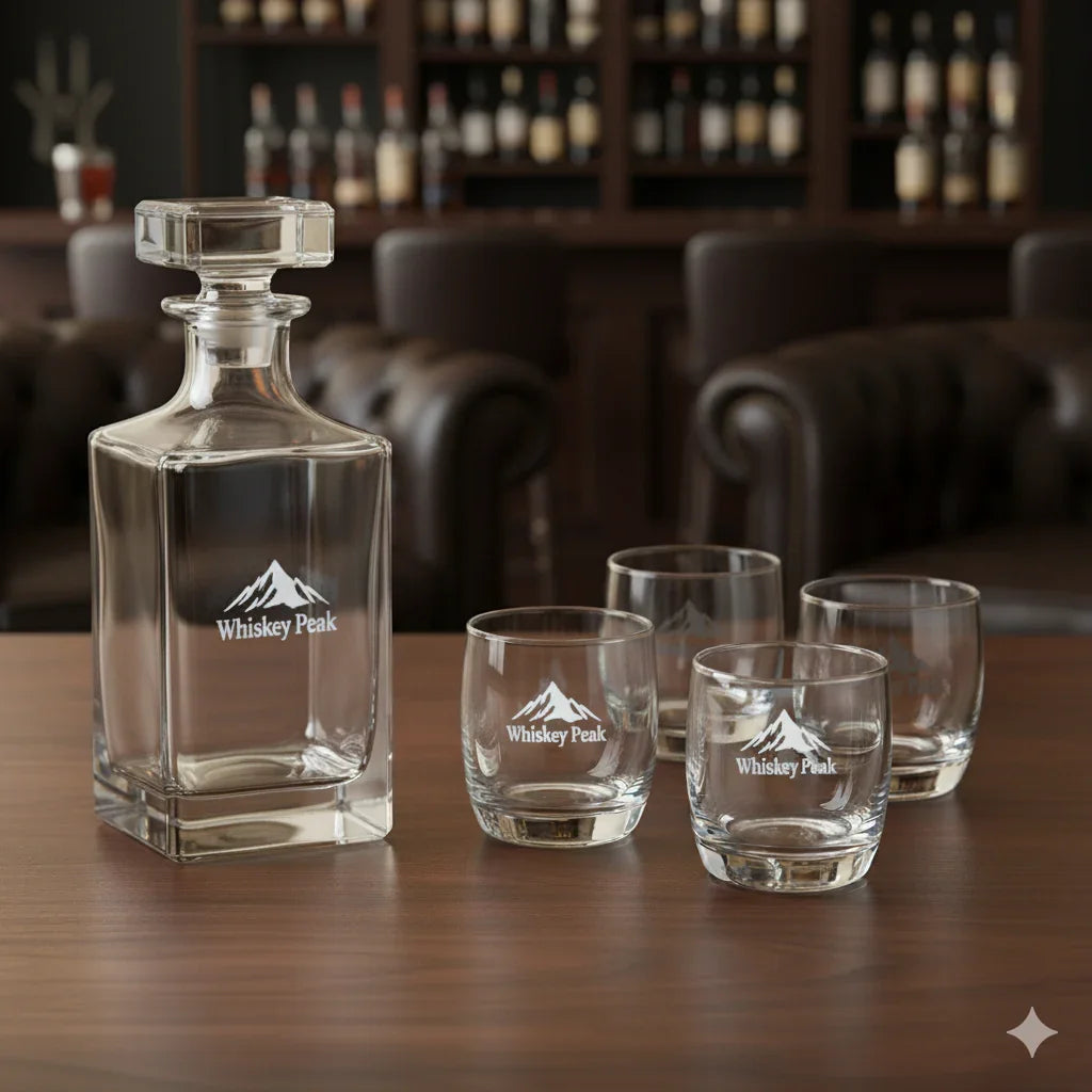 Custom Laser Engraved Whiskey Decanter Set with 4 Glasses