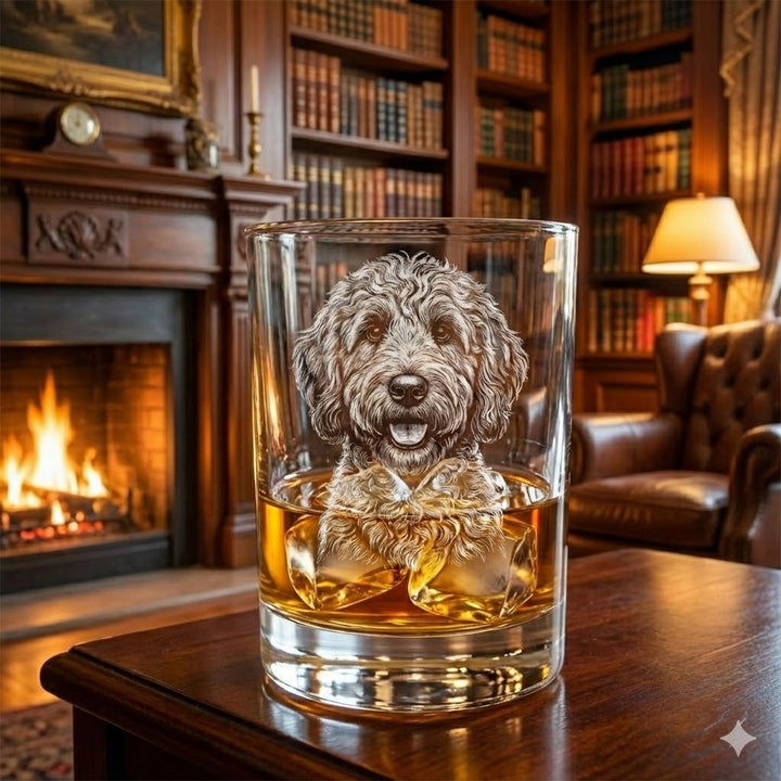 Custom Laser Etched Dog Portrait Rocks Glass