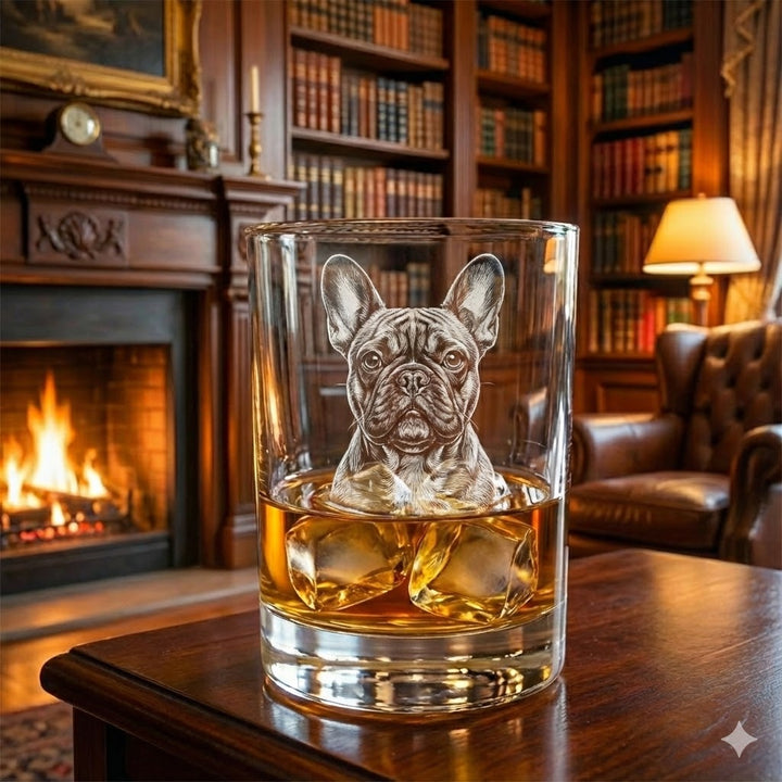 Custom Laser Etched Dog Portrait Rocks Glass