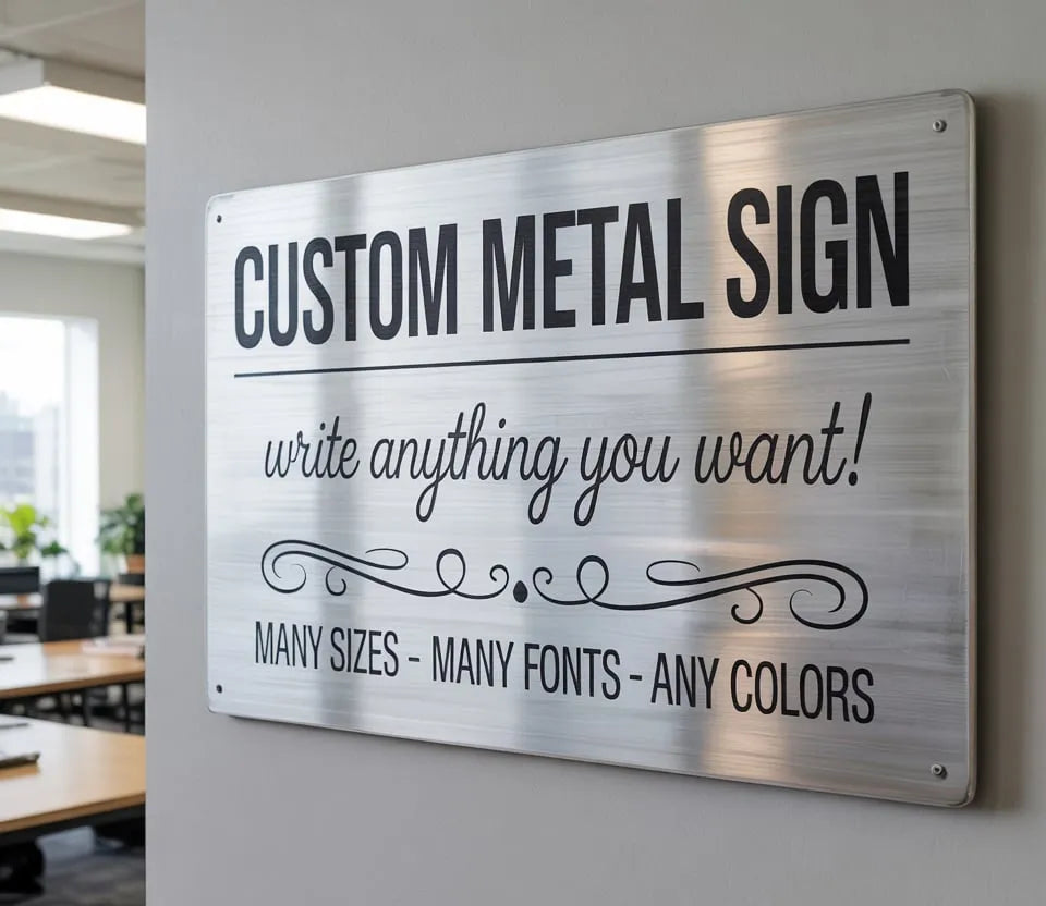 Custom metal sign on wall in office space, personalized wall art with varied sizes, fonts, and colors