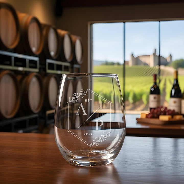 Custom Monogrammed Stemless Wine Glass - Personalized Family Initial Gift - iCustomLabel