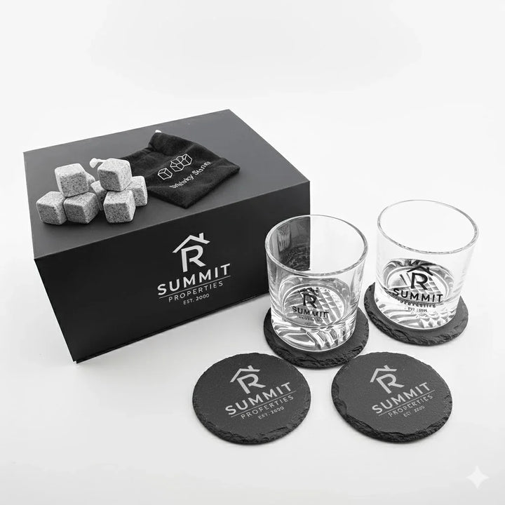 Custom Whiskey Glass Gift Box Set – Personalized Logo Engraved Rocks Glasses with Slate Coasters & Whiskey Stones