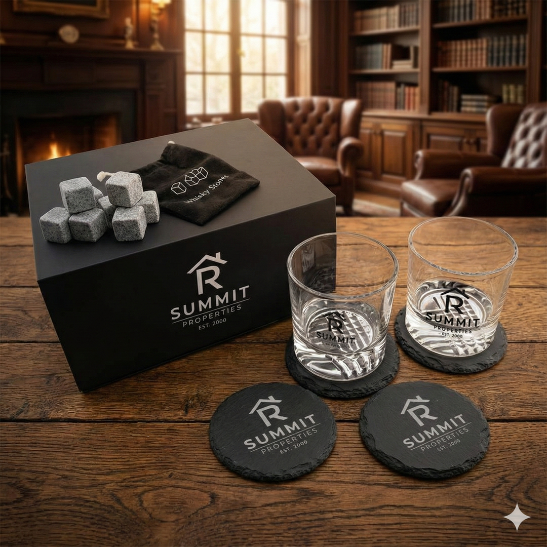 Custom branded whisky stones, glass tumblers, and coasters set on a wooden table in a cozy library setting