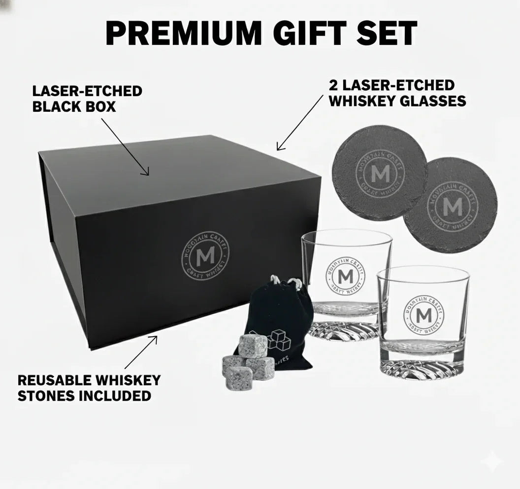 Custom Whiskey Glass Gift Box Set – Personalized Logo Engraved Rocks Glasses with Slate Coasters & Whiskey Stones