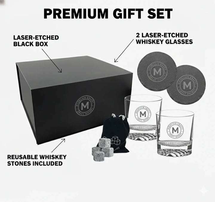 Custom Whiskey Glass Gift Box Set – Personalized Logo Engraved Rocks Glasses with Slate Coasters & Whiskey Stones