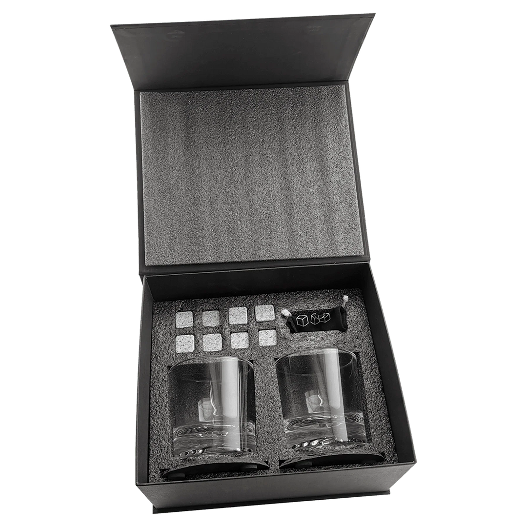 Custom Whiskey Glass Gift Box Set – Personalized Logo Engraved Rocks Glasses with Slate Coasters & Whiskey Stones