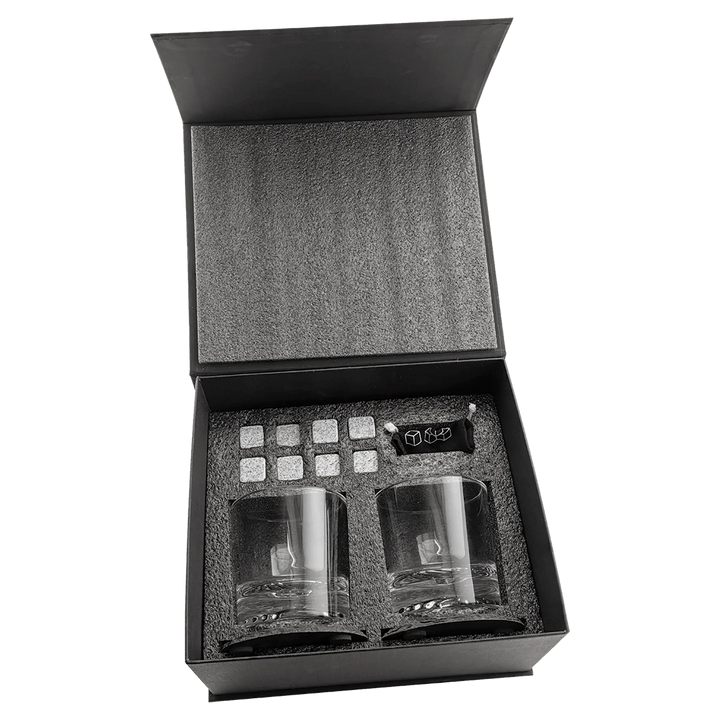 Custom Whiskey Glass Gift Box Set – Personalized Logo Engraved Rocks Glasses with Slate Coasters & Whiskey Stones