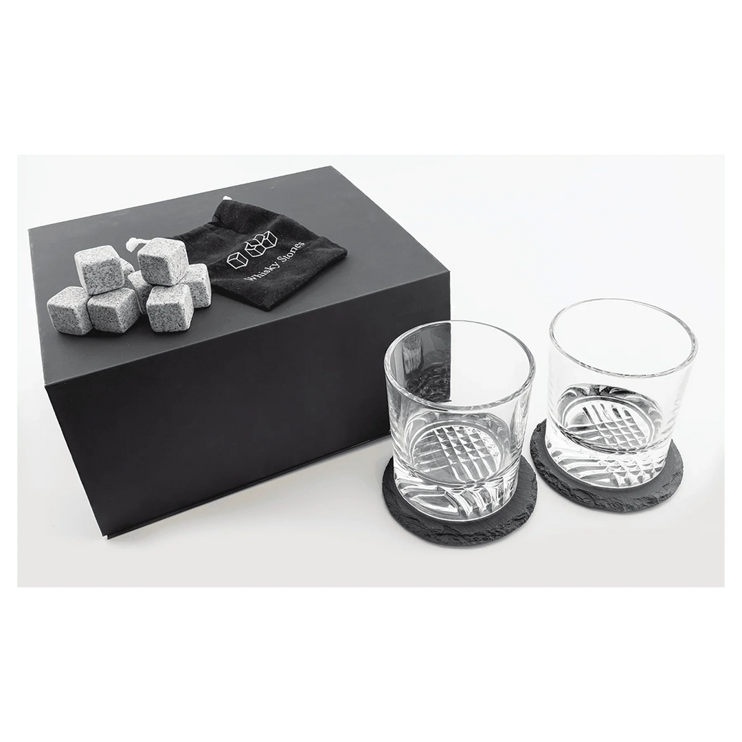 Custom Whiskey Glass Gift Box Set – Personalized Logo Engraved Rocks Glasses with Slate Coasters & Whiskey Stones