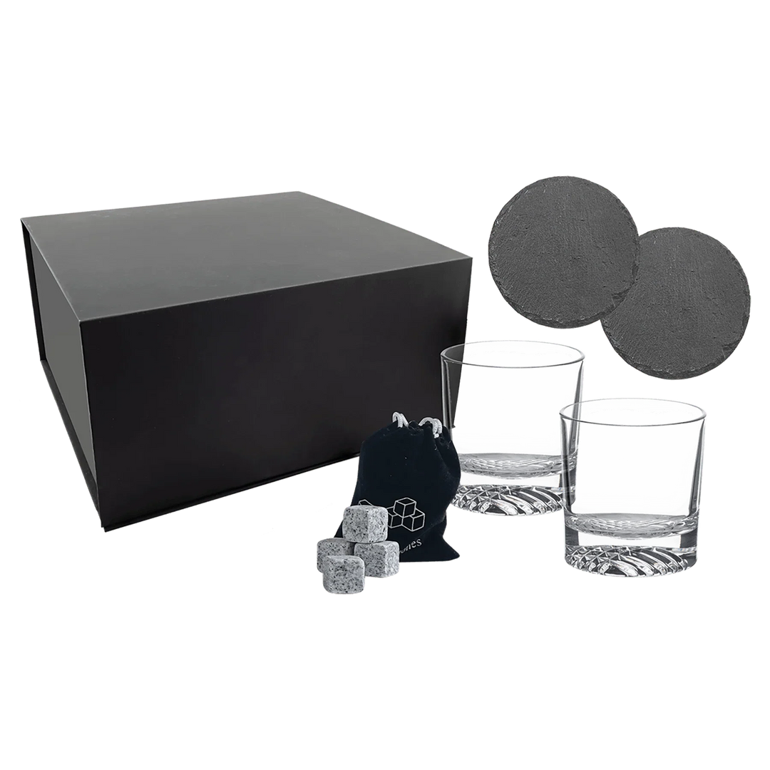 Custom Whiskey Glass Gift Box Set – Personalized Logo Engraved Rocks Glasses with Slate Coasters & Whiskey Stones