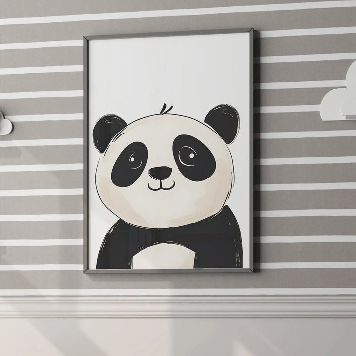 Framed cute black and white panda nursery poster on striped gray and white kids room wall