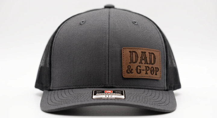 dad-and-g-pop-leather-patch-trucker-hat-or-black-snapback-cap-icustomlabel-1 - iCustomLabel