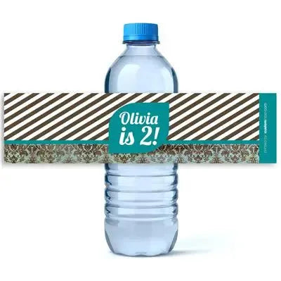 Damask Stripes Birthday Water Bottle Labels - iCustomLabel