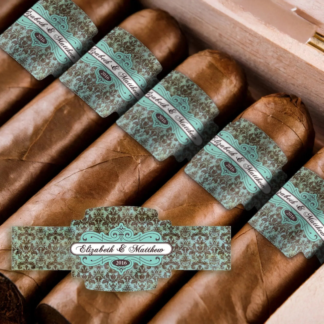 Damask Teal Wedding Cigar Bands - iCustomLabel