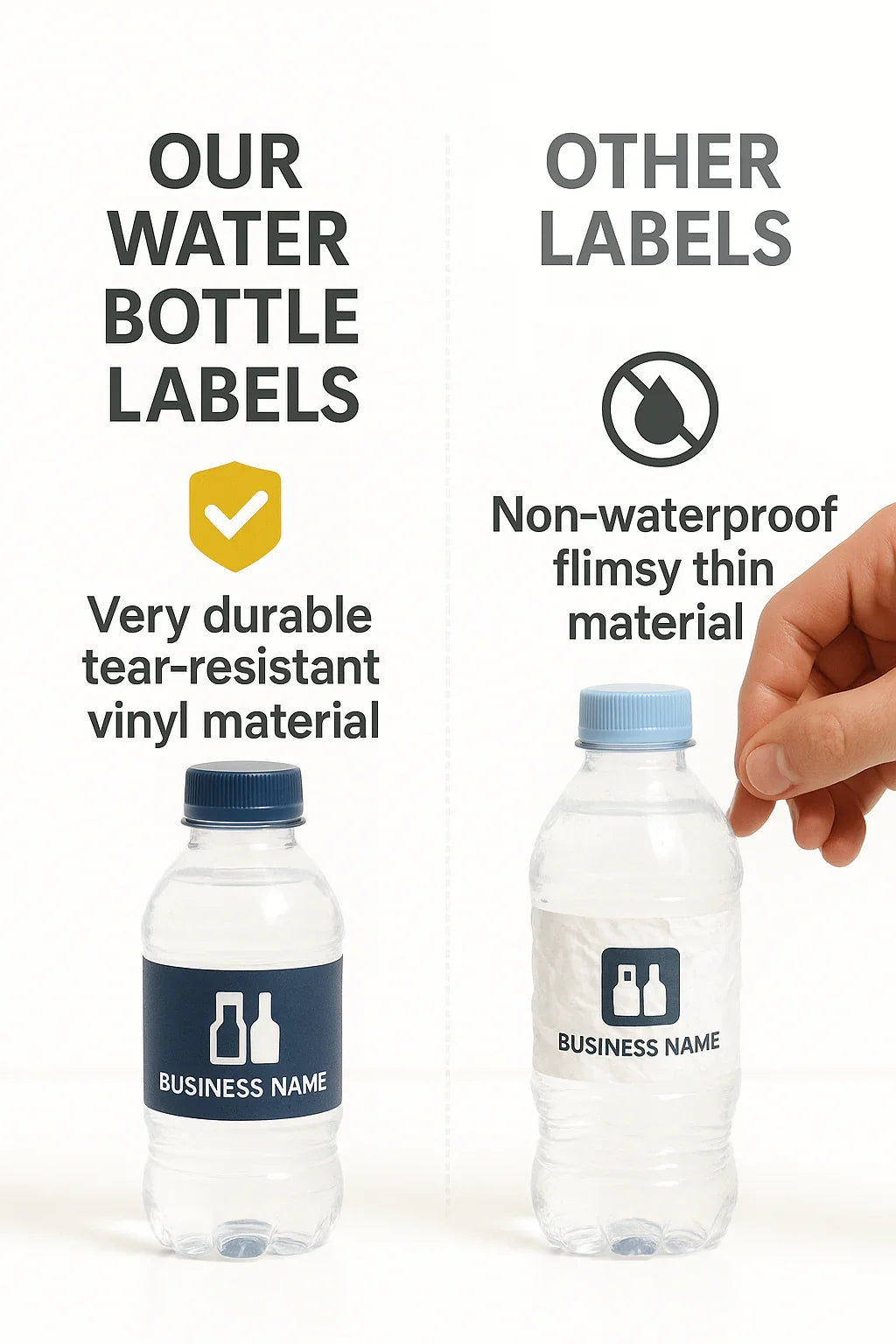 Comparison of custom water bottle labels, showing durable vinyl vs flimsy non-waterproof label.