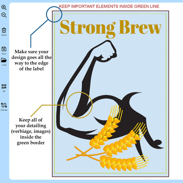Custom water bottle label design template featuring a flexed arm, wheat, and 'Strong Brew' text.