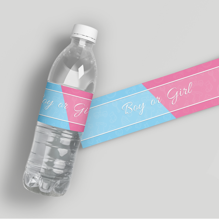Custom baby shower water bottle label with blue and pink sections and white text saying Boy or Girl