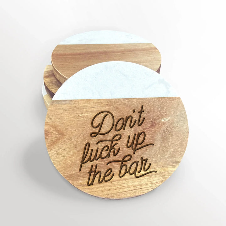 don-t-fuck-up-the-bar-acacia-wood-and-marble-coasters-icustomlabel-1 - iCustomLabel