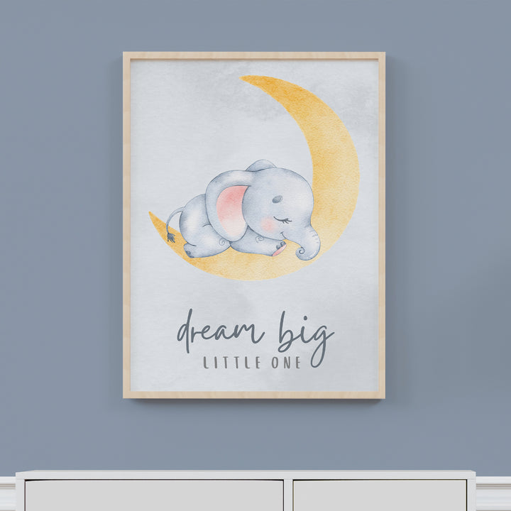 Dream Big Elephant Nursery Poster – Cute Kids Room Wall Art with Moon and Stars - iCustomLabel
