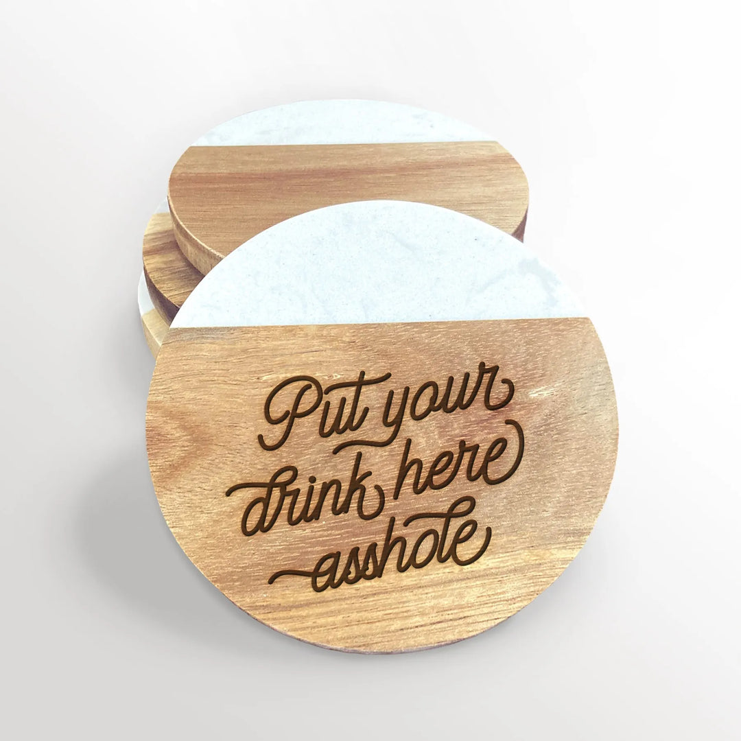 Drink Here Acacia Wood and Marble Coasters - iCustomLabel