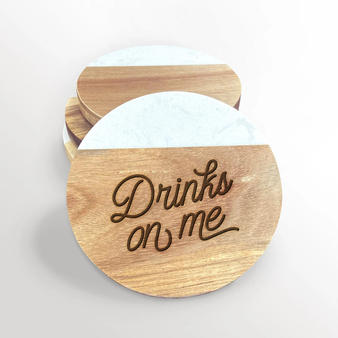 Drinks On Me Acacia Wood and Marble Coasters - iCustomLabel