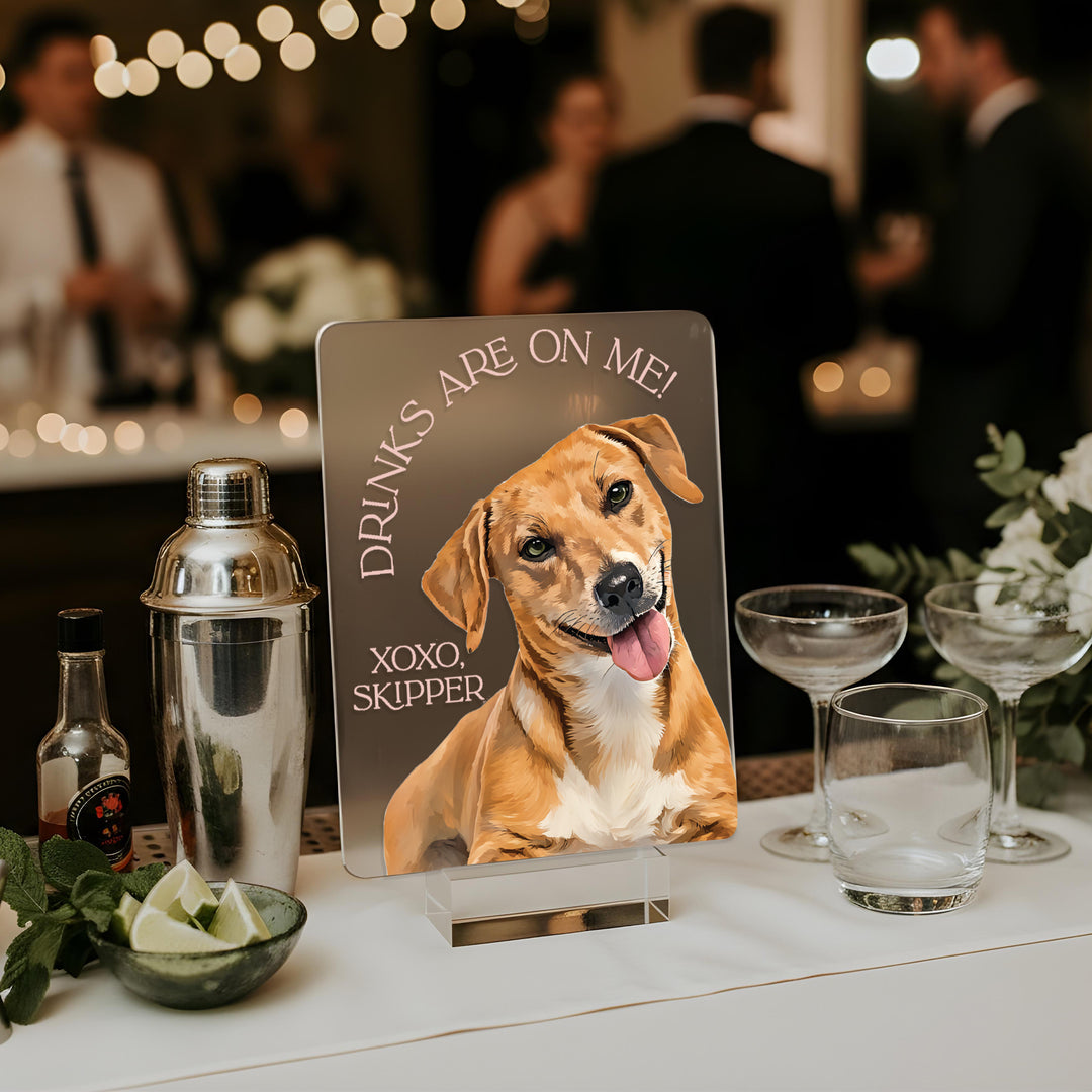 Table setting with a dog-themed 'Drinks are on me!' sign and cocktail shaker.