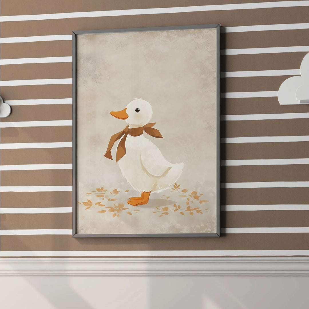 Duckie with Scarf Nursery Poster – Cute Kids Room Wall Art with Autumn Leaves - iCustomLabel