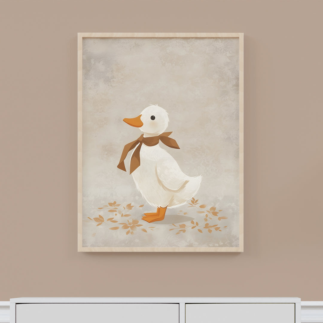 Duckie with Scarf Nursery Poster – Cute Kids Room Wall Art with Autumn Leaves - iCustomLabel