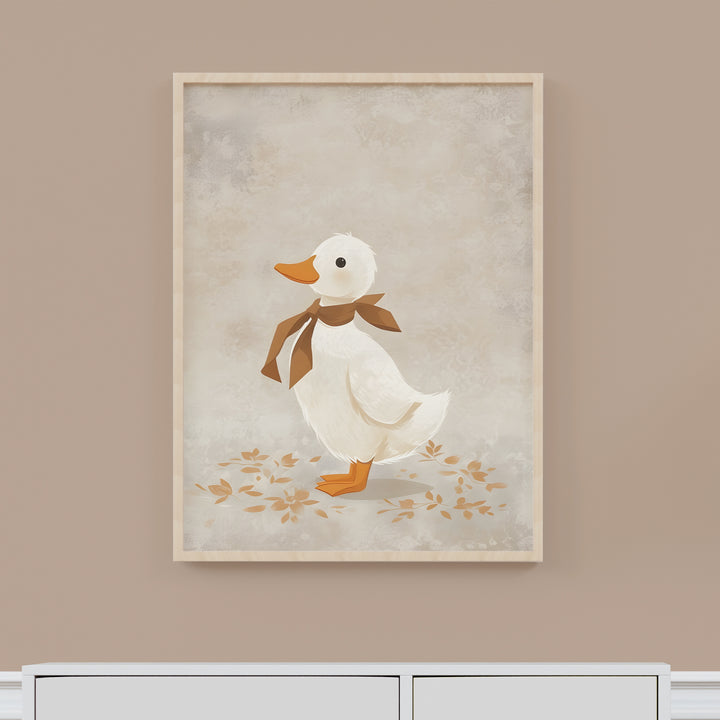 Duckie with Scarf Nursery Poster – Cute Kids Room Wall Art with Autumn Leaves - iCustomLabel