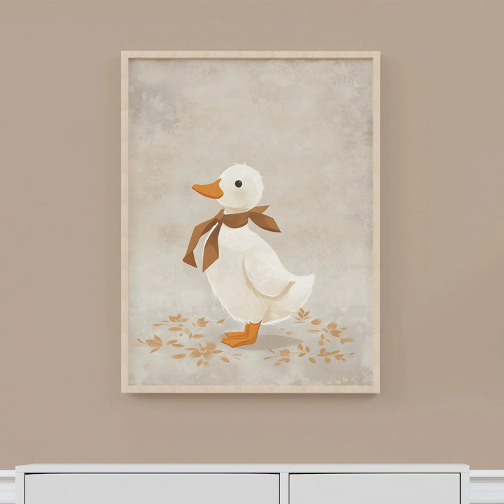 Nursery wall art of a cute white duck wearing a brown scarf with autumn leaves background
