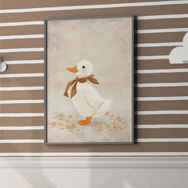 Duckie with Scarf Nursery Poster – Cute Kids Room Wall Art with Autumn Leaves - iCustomLabel
